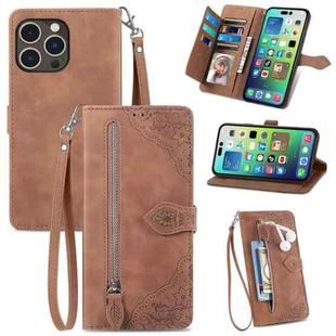 For iPhone 15 Pro Max Embossed Flower Zipper Leather Phone Case(Brown)