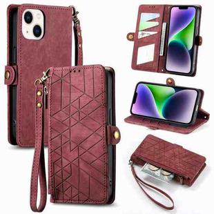 For iPhone 14 Geometric Zipper Wallet Side Buckle Leather Phone Case(Red)