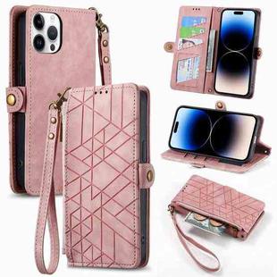 For iPhone 14 Pro Geometric Zipper Wallet Side Buckle Leather Phone Case(Pink)