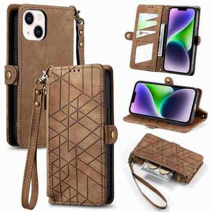 For iPhone 14 Plus Geometric Zipper Wallet Side Buckle Leather Phone Case(Brown)