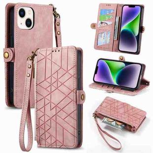 For iPhone 14 Plus Geometric Zipper Wallet Side Buckle Leather Phone Case(Pink)