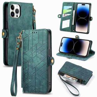 For iPhone 14 Pro Max Geometric Zipper Wallet Side Buckle Leather Phone Case(Green)