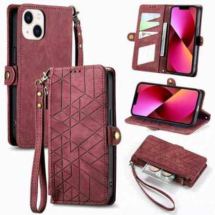 For iPhone 13 Geometric Zipper Wallet Side Buckle Leather Phone Case(Red)