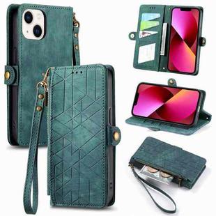 For iPhone 13 Geometric Zipper Wallet Side Buckle Leather Phone Case(Green)