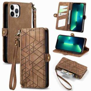 For iPhone 13 Pro Max Geometric Zipper Wallet Side Buckle Leather Phone Case(Brown)
