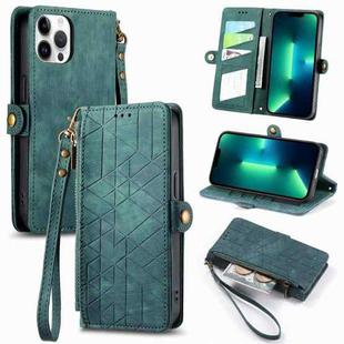 For iPhone 13 Pro Max Geometric Zipper Wallet Side Buckle Leather Phone Case(Green)