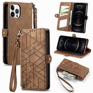 For iPhone 12 / 12 Pro Geometric Zipper Wallet Side Buckle Leather Phone Case(Brown)
