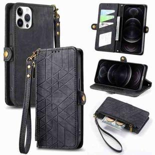 For iPhone 12 / 12 Pro Geometric Zipper Wallet Side Buckle Leather Phone Case(Black)