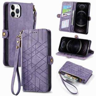 For iPhone 12 / 12 Pro Geometric Zipper Wallet Side Buckle Leather Phone Case(Purple)