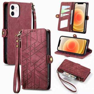 For iPhone 12 mini Geometric Zipper Wallet Side Buckle Leather Phone Case(Red)
