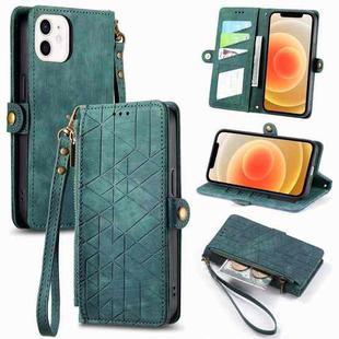 For iPhone 12 mini Geometric Zipper Wallet Side Buckle Leather Phone Case(Green)