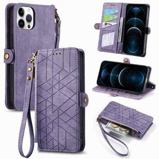 For iPhone 12 Pro Max Geometric Zipper Wallet Side Buckle Leather Phone Case(Purple)