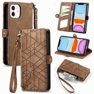 For iPhone 11 Geometric Zipper Wallet Side Buckle Leather Phone Case(Brown)