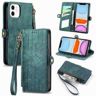 For iPhone 11 Geometric Zipper Wallet Side Buckle Leather Phone Case(Green)