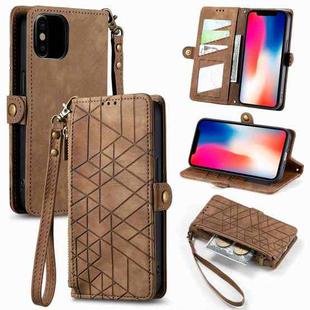 For iPhone X / XS Geometric Zipper Wallet Side Buckle Leather Phone Case(Brown)