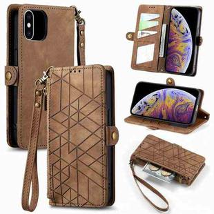 For iPhone XS Max Geometric Zipper Wallet Side Buckle Leather Phone Case(Brown)