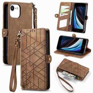 For iPhone SE 2022 /2020 /7 / 8 Geometric Zipper Wallet Side Buckle Leather Phone Case(Brown)