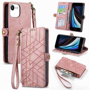 For iPhone SE 2022 /2020 /7 / 8 Geometric Zipper Wallet Side Buckle Leather Phone Case(Pink)
