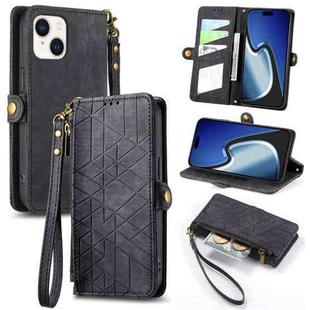 For iPhone 15 Geometric Zipper Wallet Side Buckle Leather Phone Case(Black)