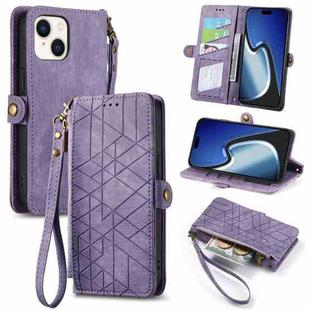 For iPhone 15 Geometric Zipper Wallet Side Buckle Leather Phone Case(Purple)