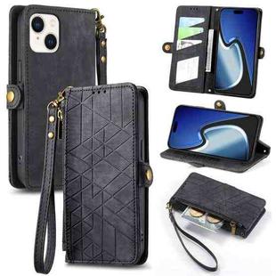 For iPhone 15 Plus Geometric Zipper Wallet Side Buckle Leather Phone Case(Black)