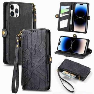 For iPhone 15 Pro Max Geometric Zipper Wallet Side Buckle Leather Phone Case(Black)