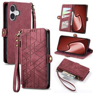 For iPhone 16 Geometric Zipper Wallet Side Buckle Leather Phone Case(Red)