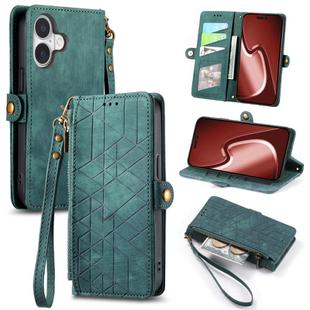 For iPhone 16 Geometric Zipper Wallet Side Buckle Leather Phone Case(Green)