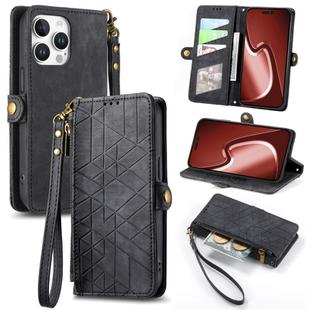 For iPhone 16 Pro Geometric Zipper Wallet Side Buckle Leather Phone Case(Black)