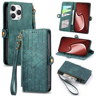 For iPhone 16 Pro Geometric Zipper Wallet Side Buckle Leather Phone Case(Green)