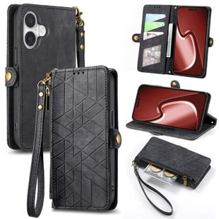 For iPhone 16 Plus Geometric Zipper Wallet Side Buckle Leather Phone Case(Black)