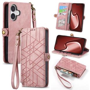 For iPhone 16 Plus Geometric Zipper Wallet Side Buckle Leather Phone Case(Pink)