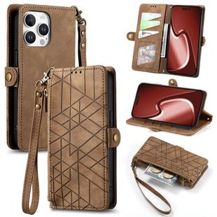 For iPhone 16 Pro Max Geometric Zipper Wallet Side Buckle Leather Phone Case(Brown)