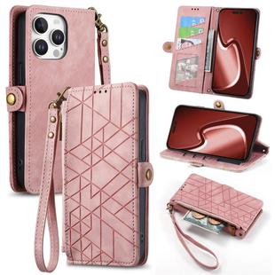 For iPhone 16 Pro Max Geometric Zipper Wallet Side Buckle Leather Phone Case(Pink)