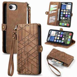 For iPhone 16e Geometric Zipper Wallet Side Buckle Leather Phone Case(Brown)