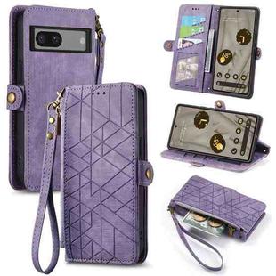For Google Pixel 7A Geometric Zipper Wallet Side Buckle Leather Phone Case(Purple)