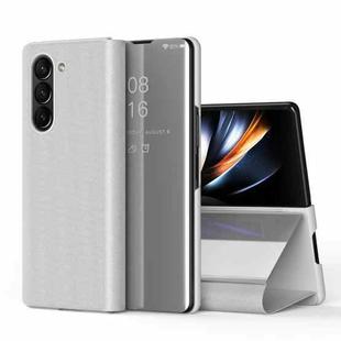 For Galaxy Z Fold 5 5G Plated Mirror Horizontal Flip Leather Case with Holder(Silver)