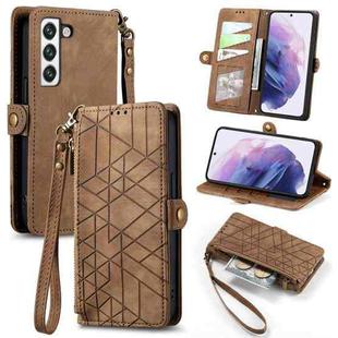 For Samsung Galaxy S22+ 5G Geometric Zipper Wallet Side Buckle Leather Phone Case(Brown)