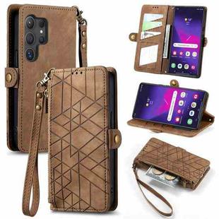 For Samsung Galaxy S24 Ultra 5G Geometric Zipper Wallet Side Buckle Leather Phone Case(Brown)