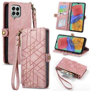 For Samsung Galaxy M33 Geometric Zipper Wallet Side Buckle Leather Phone Case(Pink)