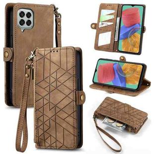 For Samsung Galaxy M33 Geometric Zipper Wallet Side Buckle Leather Phone Case(Brown)