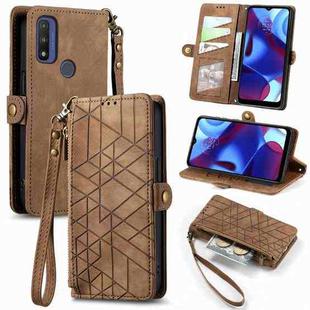 For Motorola Moto G Pure Geometric Zipper Wallet Side Buckle Leather Phone Case(Brown)