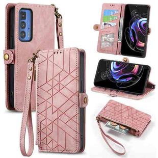 For Motorola Moto Edge 20 Pro Geometric Zipper Wallet Side Buckle Leather Phone Case(Pink)