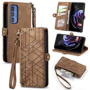 For Motorola Moto Edge 20 Pro Geometric Zipper Wallet Side Buckle Leather Phone Case(Brown)