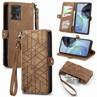 For Motorola Moto G9 Plus Geometric Zipper Wallet Side Buckle Leather Phone Case(Brown)