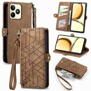 For Realme C53 Geometric Zipper Wallet Side Buckle Leather Phone Case(Brown)