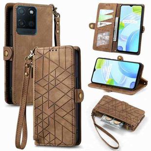 For Realme V11 Geometric Zipper Wallet Side Buckle Leather Phone Case(Brown)