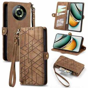 For Realme 11 5G Geometric Zipper Wallet Side Buckle Leather Phone Case(Brown)