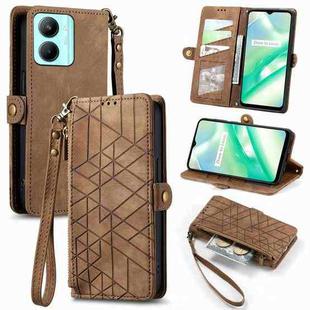 For Realme C33 Geometric Zipper Wallet Side Buckle Leather Phone Case(Brown)