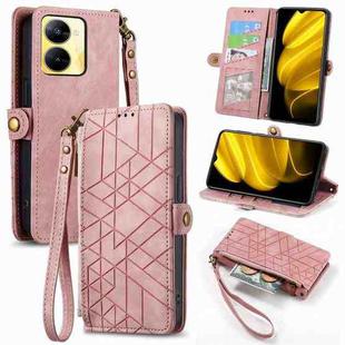 For Realme V30 Geometric Zipper Wallet Side Buckle Leather Phone Case(Pink)